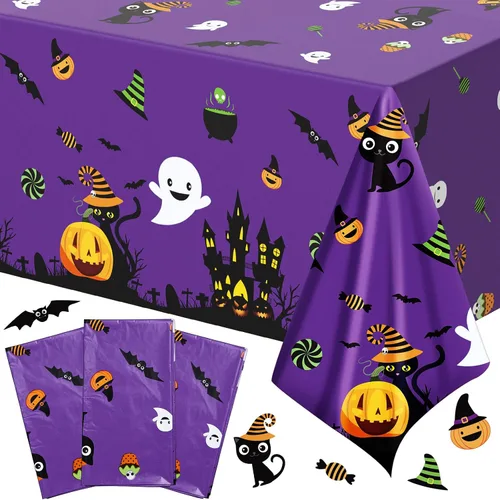 Remerry Mantel de plástico desechable de 3 piezas de Halloween, decoración de fiesta de cumpleaños, murciélagos y calabazas, para el hogar, cena,