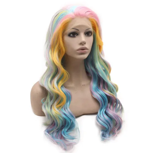 Miniatura 2 de Mxangel - Peluca de cabello sintético largo ondulado azul cielo amarillo colorido encaje frontal fibra resistente al calor Cosplay