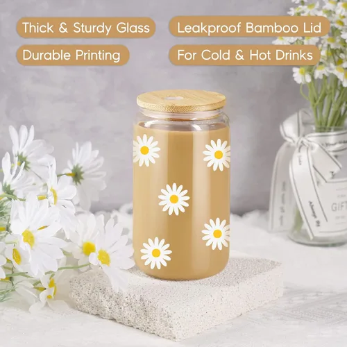Miniatura 3 de GSPY Daisy Regalos Estéticos, Taza de Café Helado, Lindas Tazas de Vidrio con Tapas y Popotes - Lindas Tazas, Taza de Flores, Vaso de Vidrio