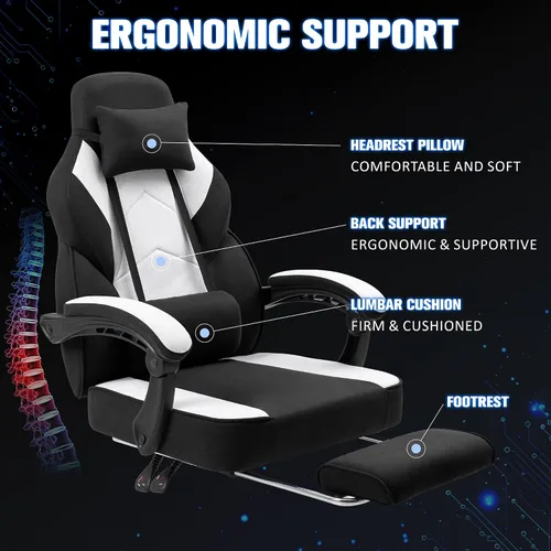 Miniatura 9 de Gaming Chair with Footrest Fabric Gaming Chair for Adults with Massage Lumbar Support, High Back Ergonomic Computer Chair, Pocket Spring Cushion