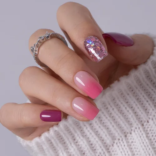 Miniatura 19 de Uñas a presión CurvLife cortas cuadradas Beige, Blancas, Rosas, Uñas postizas falsas acrílicas con diseño de albaricoque, uñas de cobertura completa