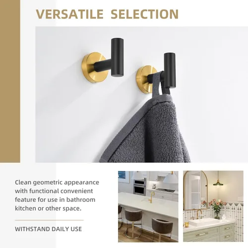 Miniatura 6 de Gancho de Toalla Angle Simple 2 Piezas, Oro y Negro, Soporte de Acero Inoxidable para Baño y Bata, Cuchillo Redondo para Toalla de Mano, Montado