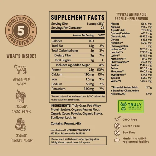 Miniatura 8 de Earth Fed Muscle Power Couple Mantequilla de Maní Chocolate Aislado de Proteína de Suero Verdaderamente Alimentado con Pasto - Certificado NSF. Sin