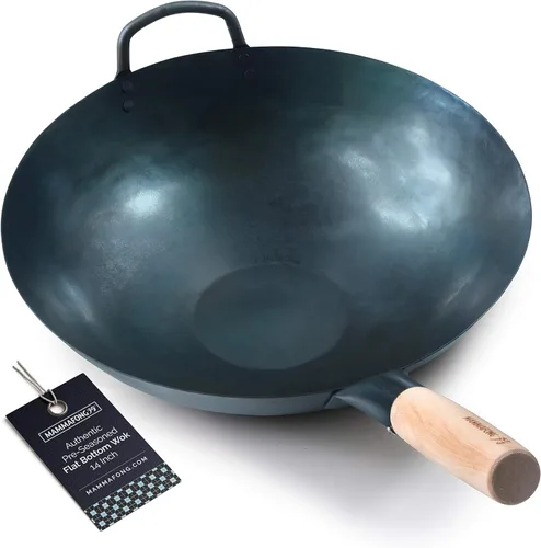 Miniatura 9 de Sartén de wok tradicional de acero al carbono de 16 pulgadas con fondo plano grande – Auténticos woks martillados a mano y sartenes para saltear