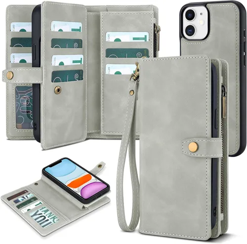 Miniatura 9 de TwoHead Funda tipo cartera para iPhone 11 con tarjetero y funda magnética desmontable para teléfono, funda de piel sintética para mujeres/hombres