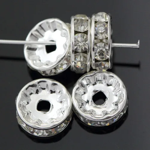 Miniatura 3 de 100 cuentas sueltas de diamantes de imitación de cristal de grado A de 0.472 pulgadas (cristal transparente), espaciador chapado en plata de ley