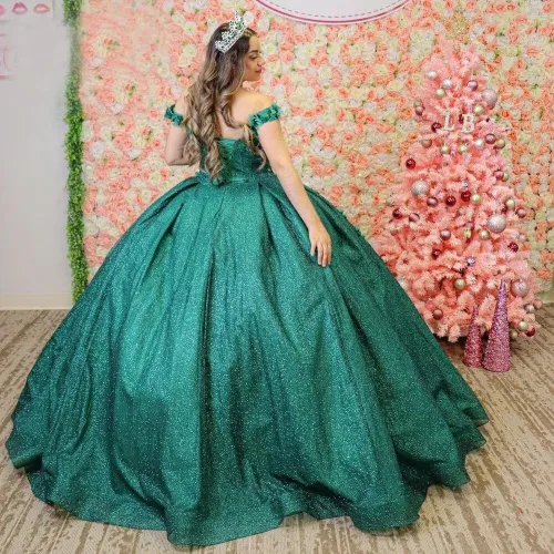 Miniatura 3 de Youjiayi Vestidos de quinceañera florales 3D para mujer, vestidos largos de tul hinchados, vestidos de baile de graduación con hombros descubiertos