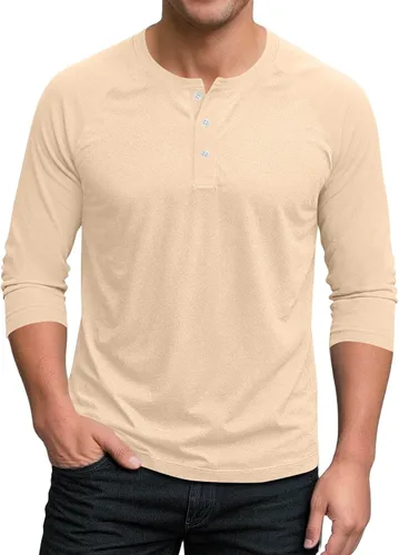 Ctreela Camiseta Henley de manga 3/4 para hombre, estilo casual, ajustada, color sólido, manga larga, camiseta de béisbol Caqui
