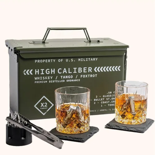 Titan LSO Vasos y piedras de whisky en caja táctica única | Copas de cóctel Bourbon, posavasos y pinzas | Regalos para hombres | Juego de vasos de