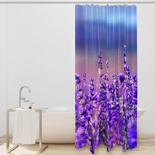 Miniatura 2 de KXO Cortina de ducha de flores de lavanda púrpura malva, impermeable, lavable, juego de cortinas de baño de poliéster con ganchos, 72 x 72 pulgadas