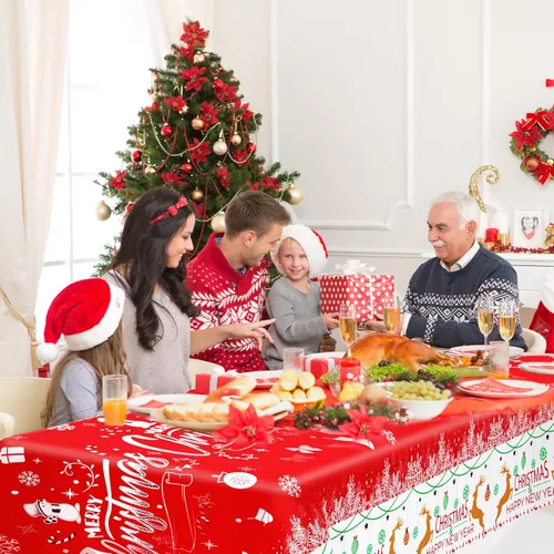 Miniatura 6 de Paquete de 3 manteles navideños desechables de plástico, manteles de mesa navideños rectangulares rojos para fiestas, con estampado de árbol