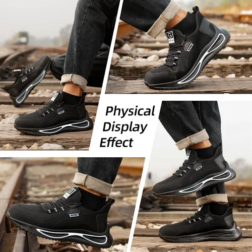 Miniatura 6 de GLANOUDUN Zapatos de punta de acero para hombre, zapatos de trabajo ligeros para hombres, zapatos de trabajo negros con punta de acero, zapatos