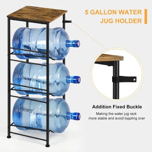 Miniatura 4 de OYEAL Soporte para botella de agua de 5 galones, organizador de 3 niveles con estante superior, dispensador de agua resistente para cocina, sala