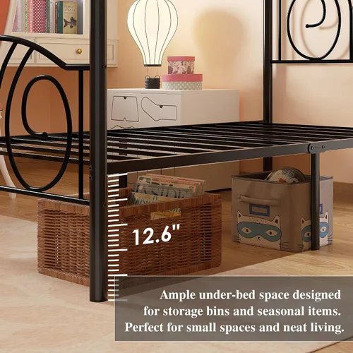Miniatura 6 de VECELO Base de cama con dosel de metal, tamaño individual, base de colchón con plataforma de 4 pósteres con cabecero, soporte de listones de acero