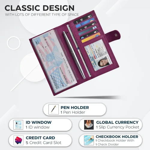 Miniatura 3 de Carteras de cuero con RFID y bolsillo de chequera para mujer, soporte duplicado de cheques tarjetas y bolígrafos