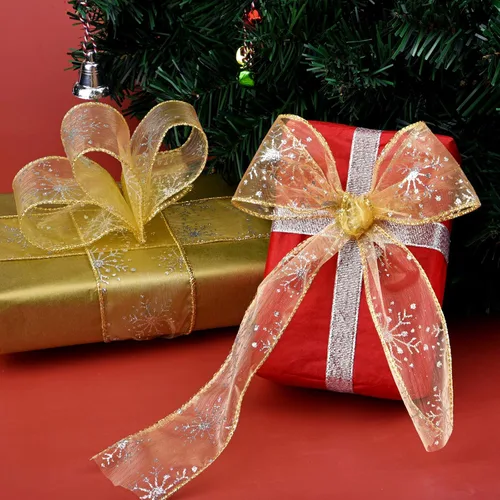 Miniatura 6 de Cinta de Organza con Alambre de Navidad de 2.5 Pulgadas de Ancho con Copos de Nieve y Purpurina Transparente para Árbol de Navidad, Corona, Dorado