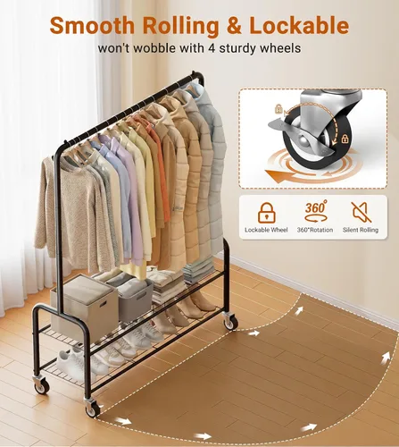 Miniatura 5 de AOODA Perchero resistente con estantes, estantes de ropa de metal de 46.5 pulgadas para colgar ropa, perchero con ruedas con cerradura para abrigos