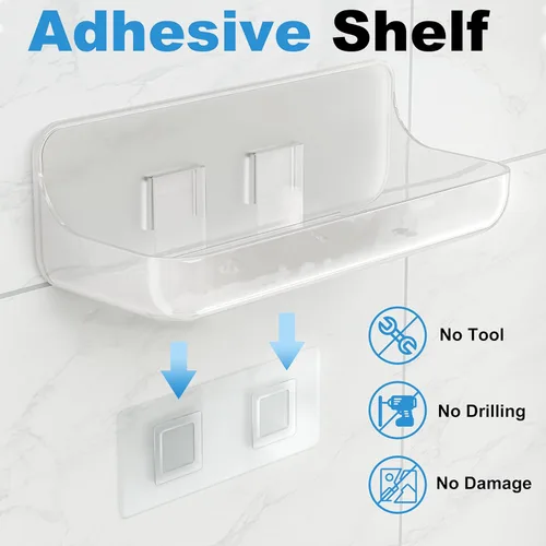 Miniatura 4 de Organizador adhesivo para ducha, paquete de 2 estantes acrílicos para baño, sin taladro, organizador de montaje en pared, estante de almacenamiento