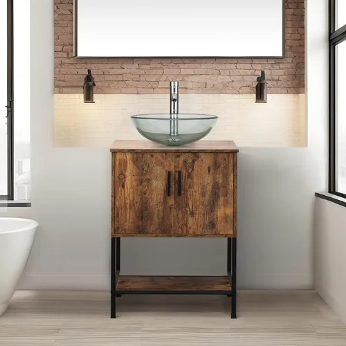 UEV Juego de tocador de baño antiguo de 24 pulgadas, color marrón oscuro con lavabo, armario de baño de madera de hierro con grifo de temperatura