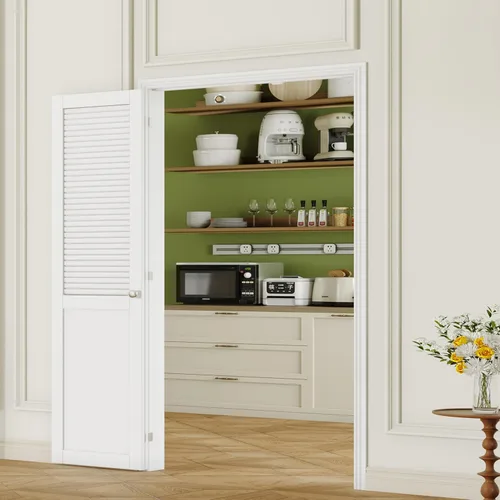 Miniatura 34 de Puerta plegable de 180 grados, para aberturas de 30 ″ x 80 ″, puerta plegable esmerilada blanca 3-Lite con bisagras, juego de herrajes para puertas