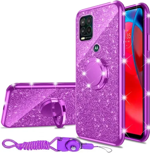 Miniatura 34 de nancheng Funda de teléfono con purpurina para Motorola Moto One 5G Ace (One 5G UW Ace) funda de TPU suave con anillo giratorio de 360°, funda