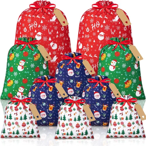 10 bolsas de regalo de Navidad con cordón y etiquetas, bolsas de regalo de Navidad de varios tamaños a granel, bolsa de regalo grande, mediana y