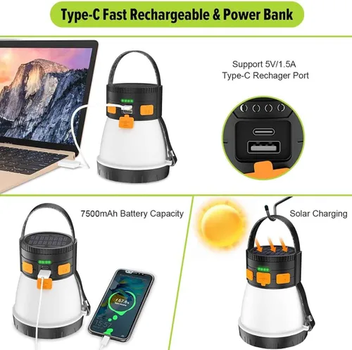 Miniatura 6 de Paquete de 2 linternas LED para campamento, 1500 lúmenes, linterna de campamento recargable con carga de panel solar, impermeable, 8 modos de luz