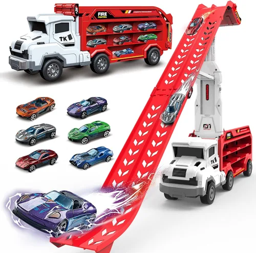 Miniatura 8 de Juguetes de coche y camiones para niños pequeños, camiones de transporte de juguete para niños de 3 a 5 y 4 a 8 años, juegos de pistas de carreras