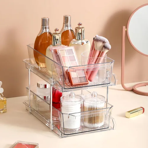 Miniatura 8 de Organizador transparente de 2 niveles con separadores para gabinete, estante, encimera - Contenedor de almacenamiento deslizable multiuso - Cajones
