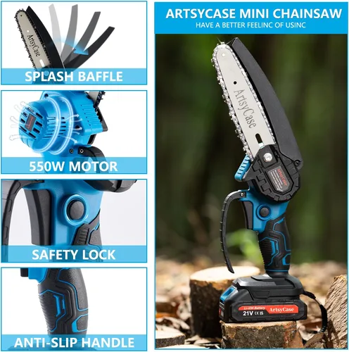 Miniatura 4 de ArtsyCase Mini Motosierra de 6 Pulgadas Inalámbrica, Motosierras Portátiles, Motosierra de Mano Pequeña para Poda de Árboles, Corte de Madera