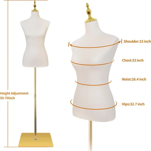 Miniatura 2 de Maniquí femenino, maniquí ajustable de 54" a 76" de altura con torso y soporte metálico y superficies de cuero para mostrar faldas y camisas