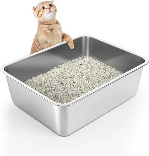 Miniatura 11 de WENBOKMIN Caja de arena para gatos de acero inoxidable, caja de arena poco profunda de 4 pulgadas para gatos y gatitos mayores, bandeja de arena