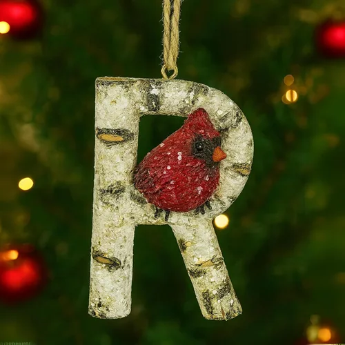 Adorno de Navidad con letra inicial cardenal rústica, aspecto de madera de abedul, alfabeto colgante, decoración con monograma para árbol de Letra R