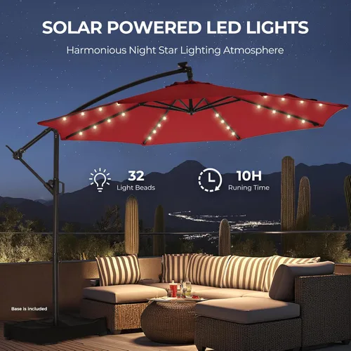 Miniatura 5 de HOMSHADE Paraguas de patio voladizo con luces solares de 10 pies, con luz y base, luz LED, para colgar en el patio, sombrilla de mercado al aire Rojo