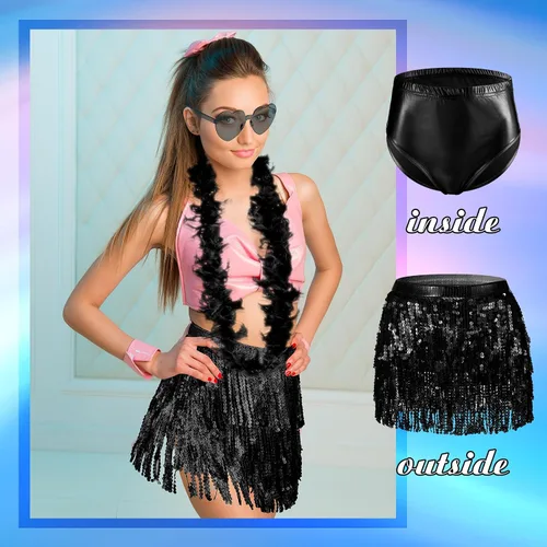Miniatura 4 de Toulite Juego de 5 faldas de lentejuelas con flecos para mujer, bufanda de danza del vientre, pantalones cortos metálicos para baile, plumas rave