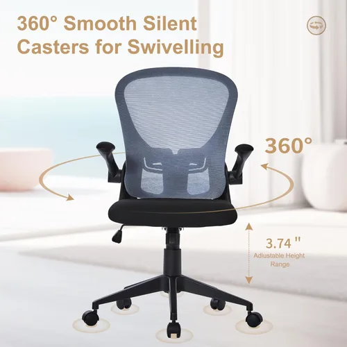Miniatura 9 de HOOOWOOO Silla de oficina en casa de malla con reposabrazos abatible, silla de escritorio ergonómica moderna con soporte lumbar, respaldo Azul