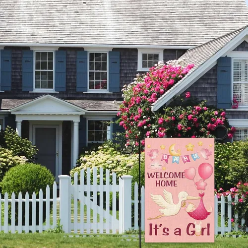 Miniatura 6 de Bandera de jardín con texto en inglés "It's a Girl" de arpillera para revelación de género, fiesta, decoración de patio, recién nacido, baby shower