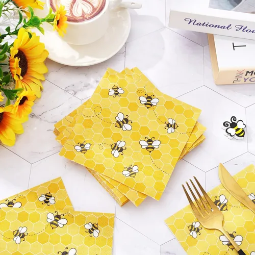 Miniatura 4 de Whaline Servilletas de cóctel de abeja de verano, servilletas de papel desechables de panal de abeja amarillas para el día de la abeja, cumpleaños