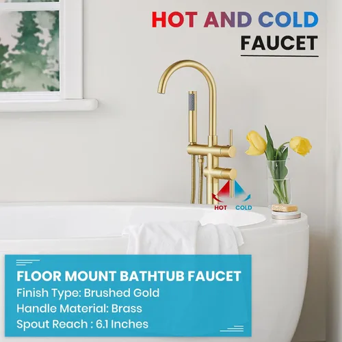Miniatura 8 de gotonovo Grifo de bañera de montaje en el suelo, grifo de ducha independiente de alto flujo con boquilla giratoria de cuello de cisne de 360°