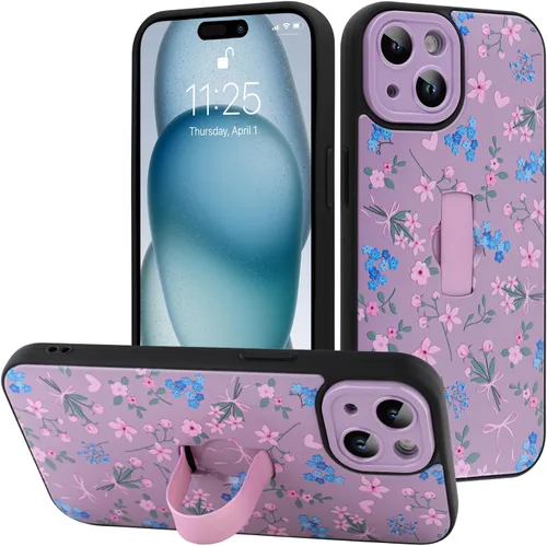 Miniatura 96 de Funda diseñada para iPhone 17 Pro Max con soporte plegable y correa para dedos, bonito patrón de lazo de corazón de flor rosa para mujeres y niñas