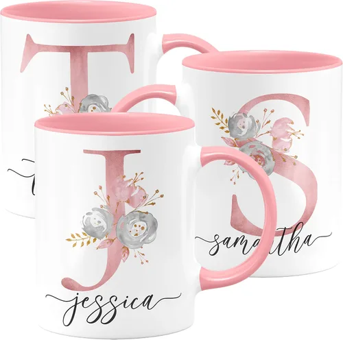 Taza de café personalizada, regalo para mujeres, taza de café personalizada con nombre e inicial, 11 onzas, rosa, taza de cerámica personalizada,