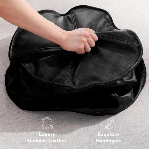Miniatura 8 de Otomano Redondo de Cuero, Otomano Relleno Hecho a Mano, Puf de Cuero Genuino, Puf Reposapiés, Asiento Cómodo y Suave para Sala de Estar y Dormitorio