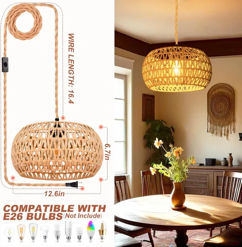 Miniatura 4 de Lámparas colgantes con cable enchufable, lámpara colgante de ratán, luz de techo boho, accesorios de iluminación colgante de granja, lámpara