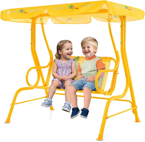 Miniatura 10 de GLACER Columpio de porche, hamaca de patio para niños con toldo ajustable y soporte, cinturón de seguridad, banco de columpio para exteriores de 2