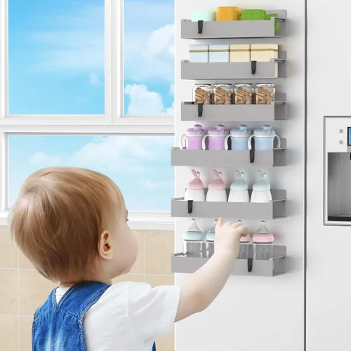 Miniatura 7 de HuggieGems Paquete de 6 organizadores magnéticos para especias para refrigerador y horno, organizadores de nevera gris claro y almacenamiento