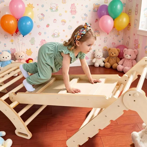 Miniatura 7 de LINKHOO Pikler Triangle Set of 3, Wooden Montessori Climbing Set for Toddlers Ages 2-6, Indoor Jungle Gyms with Arch, Ramp and Ladder, Natural