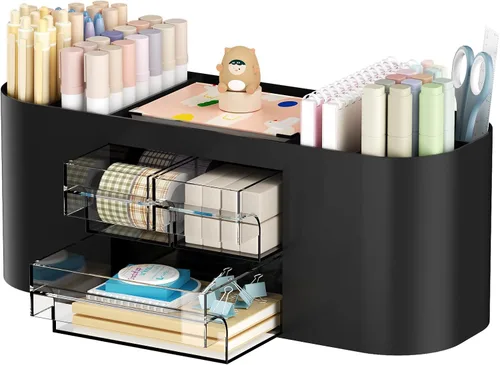 Marbrasse Organizador de escritorio con portaplumas y 3 cajones, portalápices multifuncional, organizadores de escritorio y accesorios con 7 Negro