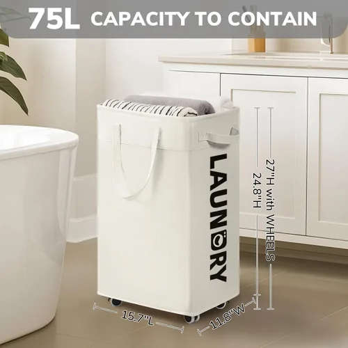 Miniatura 3 de Goodpick - Cesta de lavandería con ruedas, 75L, esenciales para dormitorio de universidad, cesta de ropa con bolsa de lavado extraíble para blanco