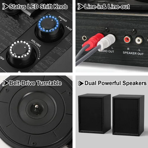 Miniatura 2 de Tocadiscos Bluetooth con altavoces externos tocadiscos de transmisión por correa para discos de vinilo, altavoces estéreo duales, reproductores LP