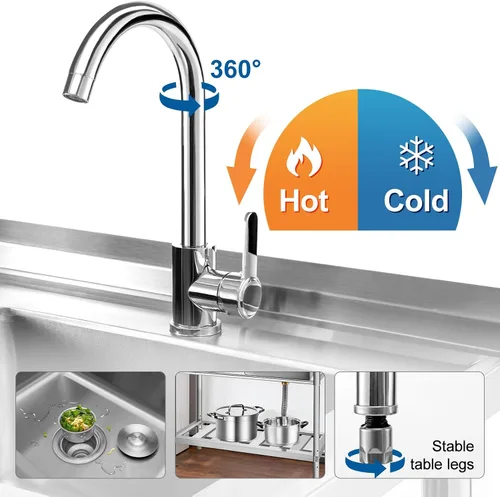 Miniatura 5 de YORKING Fregadero de acero inoxidable, fregadero de cocina de un solo tazón con tubo de agua fría y caliente para lavandería, granja